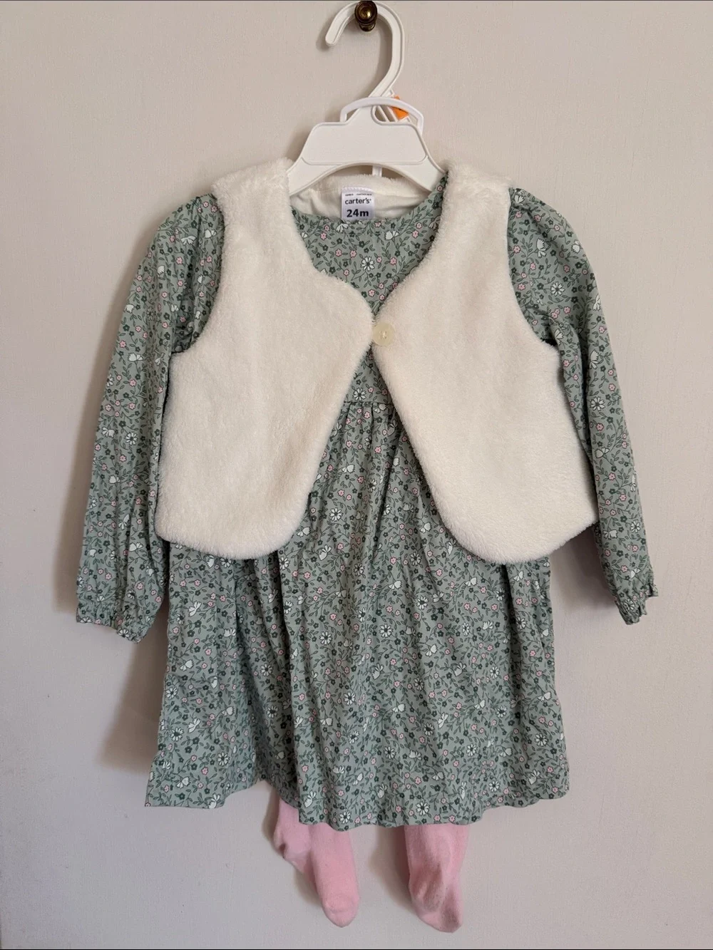 Carter's Green Floral Dress with Cream Faux Fur Vest and Pink Tights